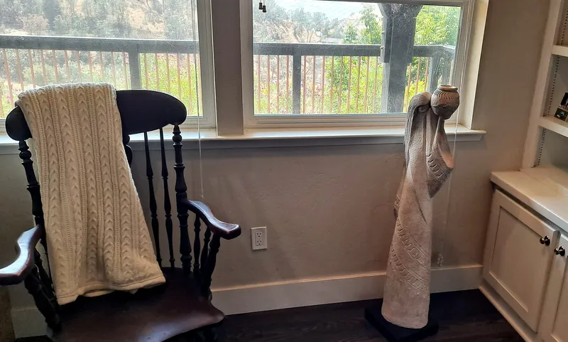 Reading corner with a chair, throw blanket, and garden window